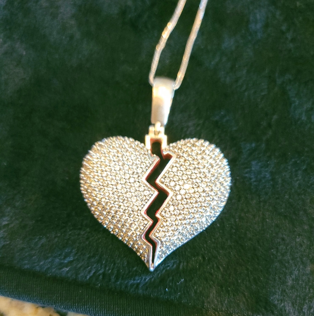 14k GOLD PLATED STERLING SILVER PAVE CUBIC ZIRCONIA BROKEN HEART PENDANT